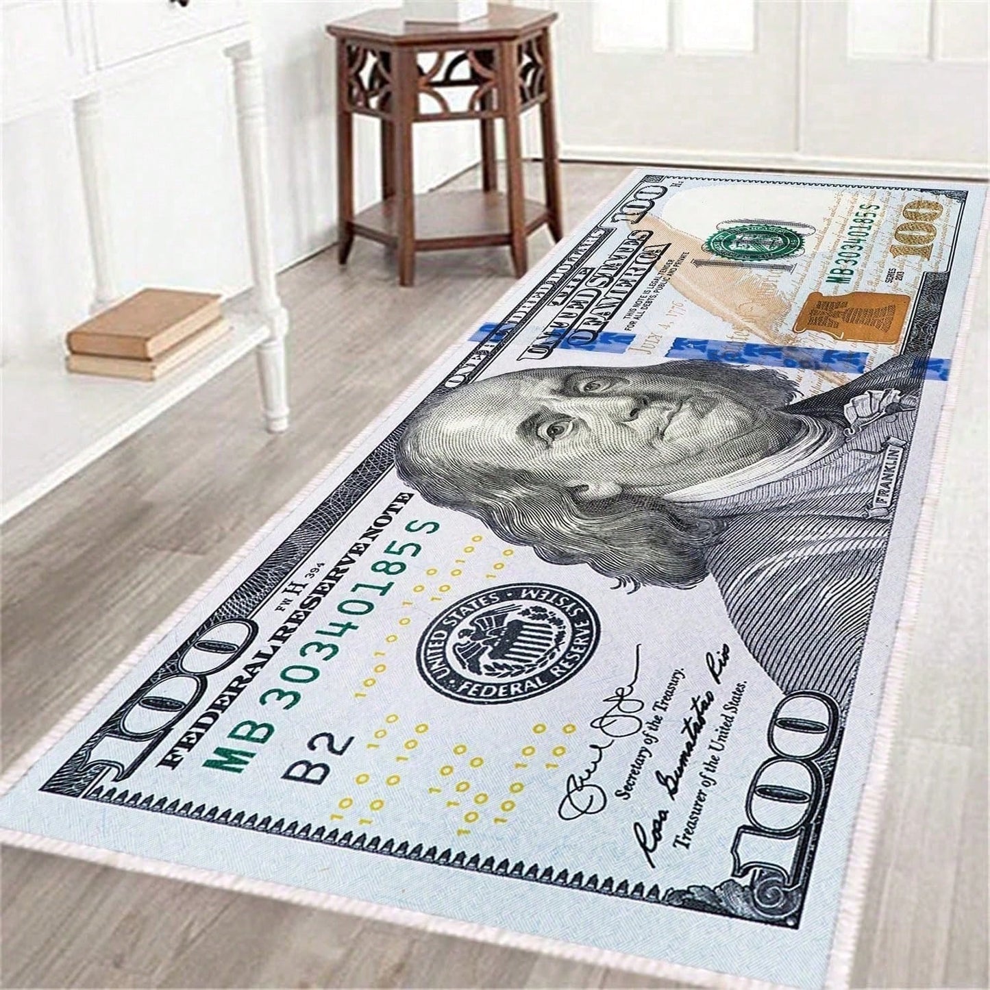 $100 Design Area Rug – Currency-Inspired Non-Slip Carpet for Living Room & Entryway