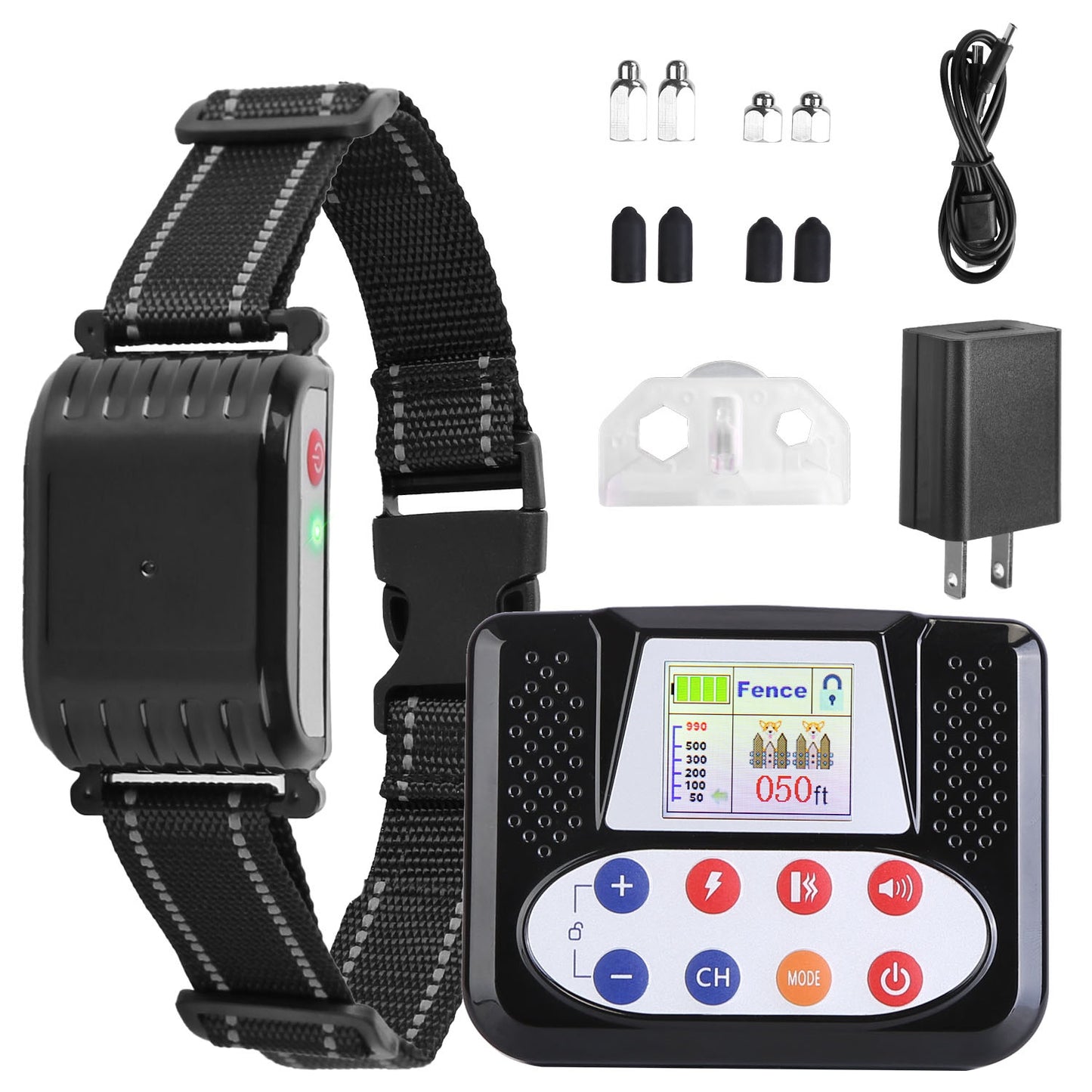 “Wireless Dog Fence Training Collar – 990FT Range, IPX6 Waterproof, Remote with Beep, Vibration & Shock Modes, 0-9 Levels, 4 Channels, Rechargeable”