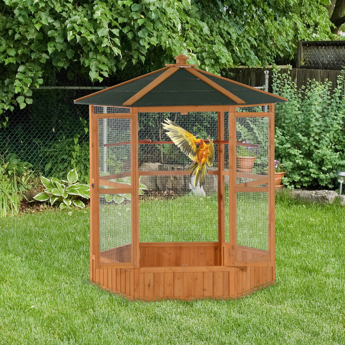 Large 69" Wooden Hexagonal Outdoor Bird Aviary Flight Cage with Protective Covered Roof