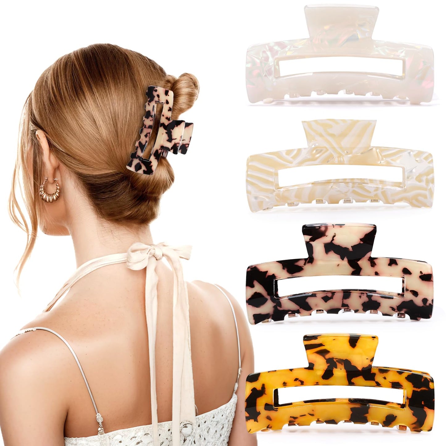 4Pcs Tortoise Acetate Hair Claw Clips – Strong Hold Barrettes for Women