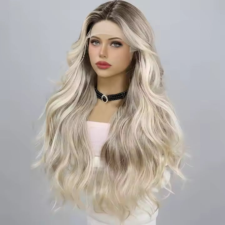 European & American T-Part Lace Wavy Curly Gold Ombre Wig