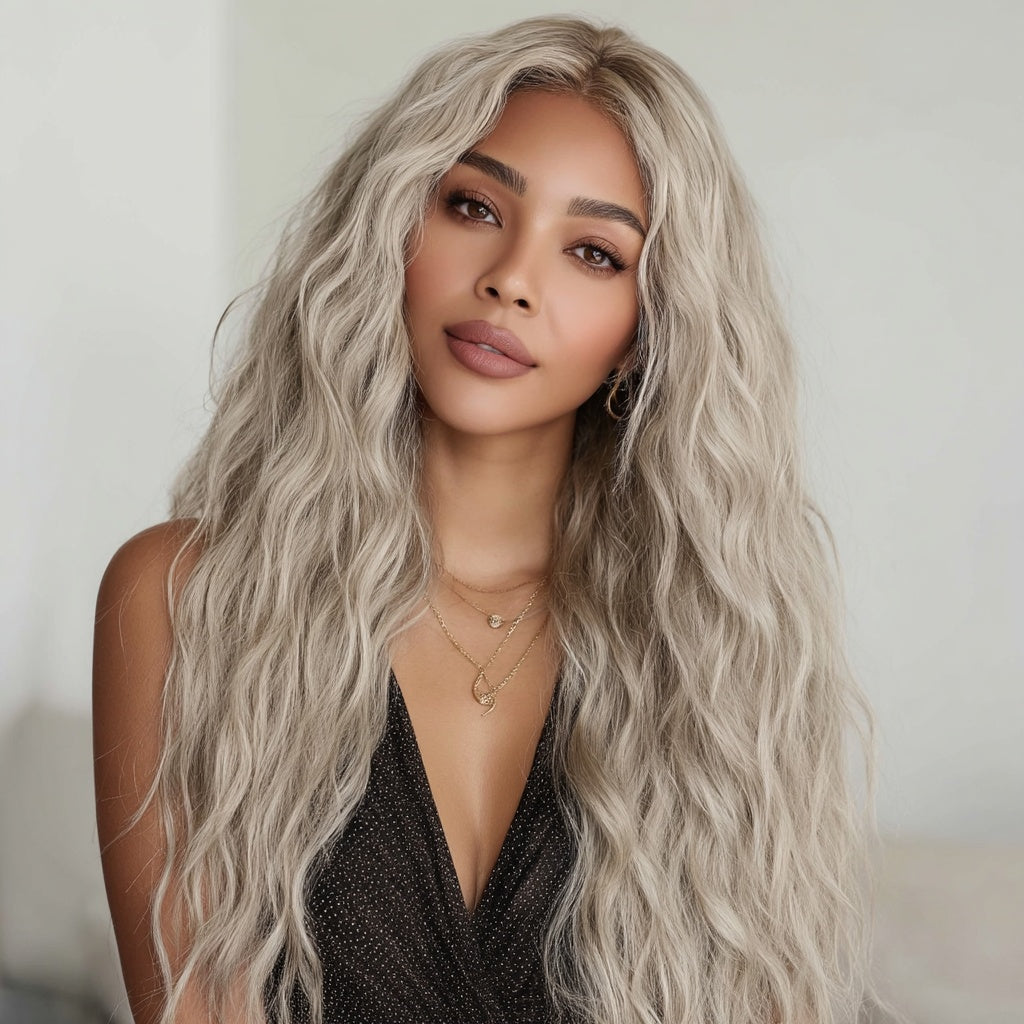 Gray Ombre Wavy Curly Lace Front Wig – European & American Style T-Shaped SM9017 for Women