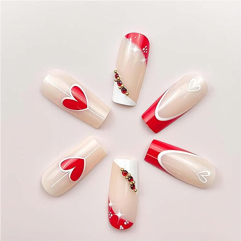 24PCS Red & White Heart Long Square False Nail Tips – Full Cover Acrylic/Fake Nails