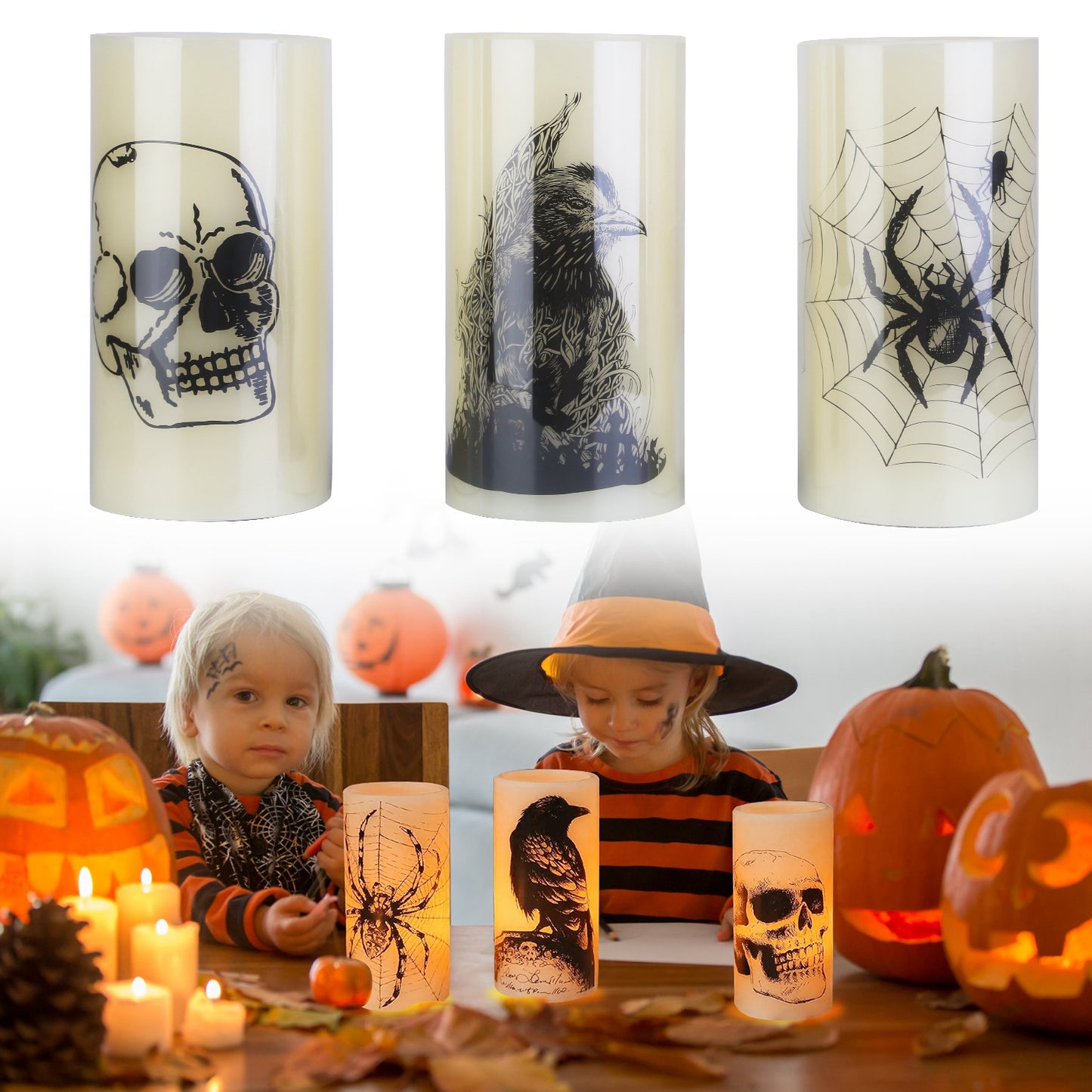 3-Pack Halloween Flameless Candles – Battery Operated Warm Orange LED with Timer