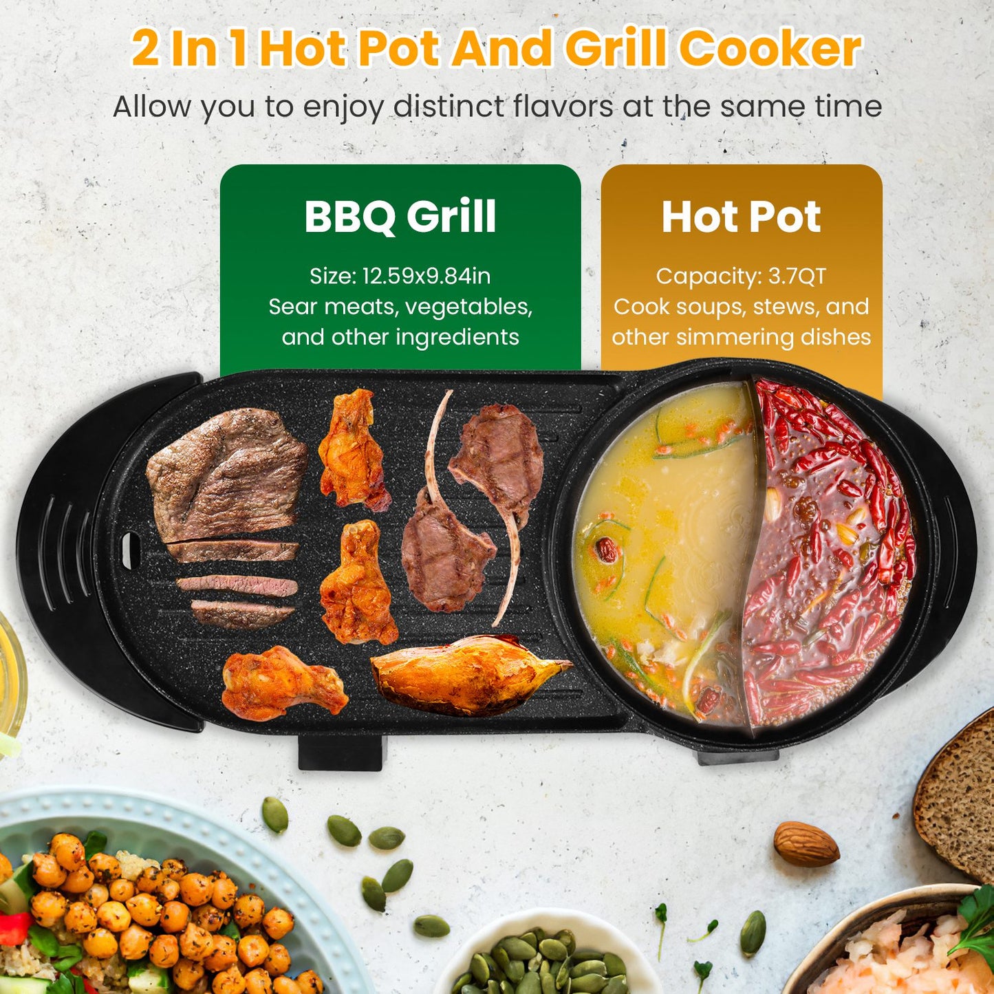 2200W 2-in-1 Electric Hot Pot with BBQ Grill – Smokeless Korean BBQ & Shabu Shabu Cooker