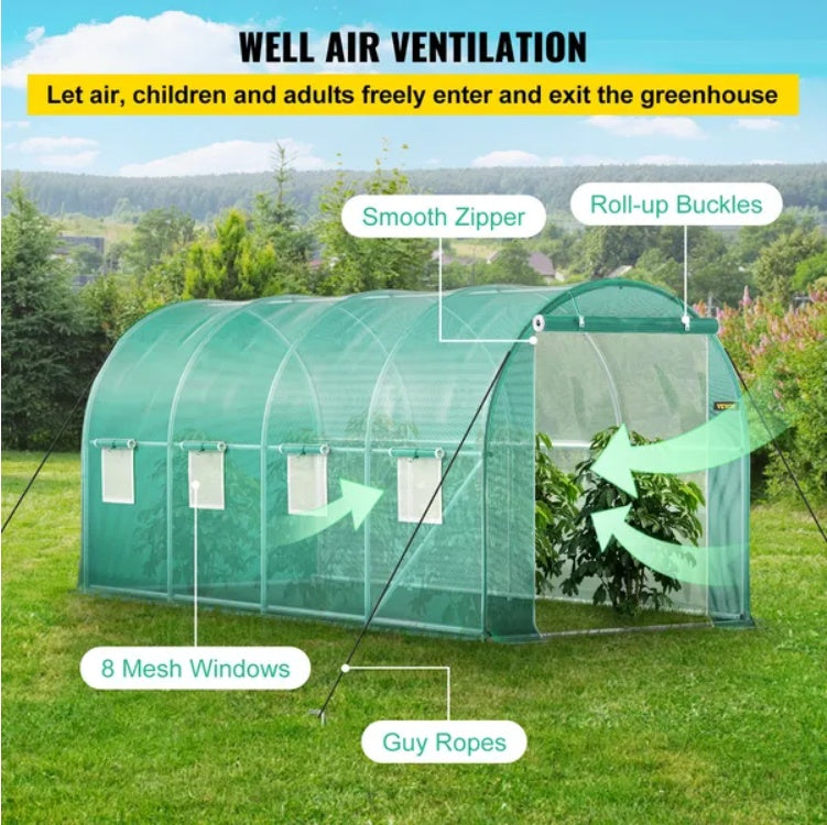 VEVOR 14.8×6.6×6.6 ft Walk-In Tunnel Greenhouse | Heavy-Duty Portable Plant Greenhouse with Galvanized Steel Frame, Roll-Up Windows & Zippered Door