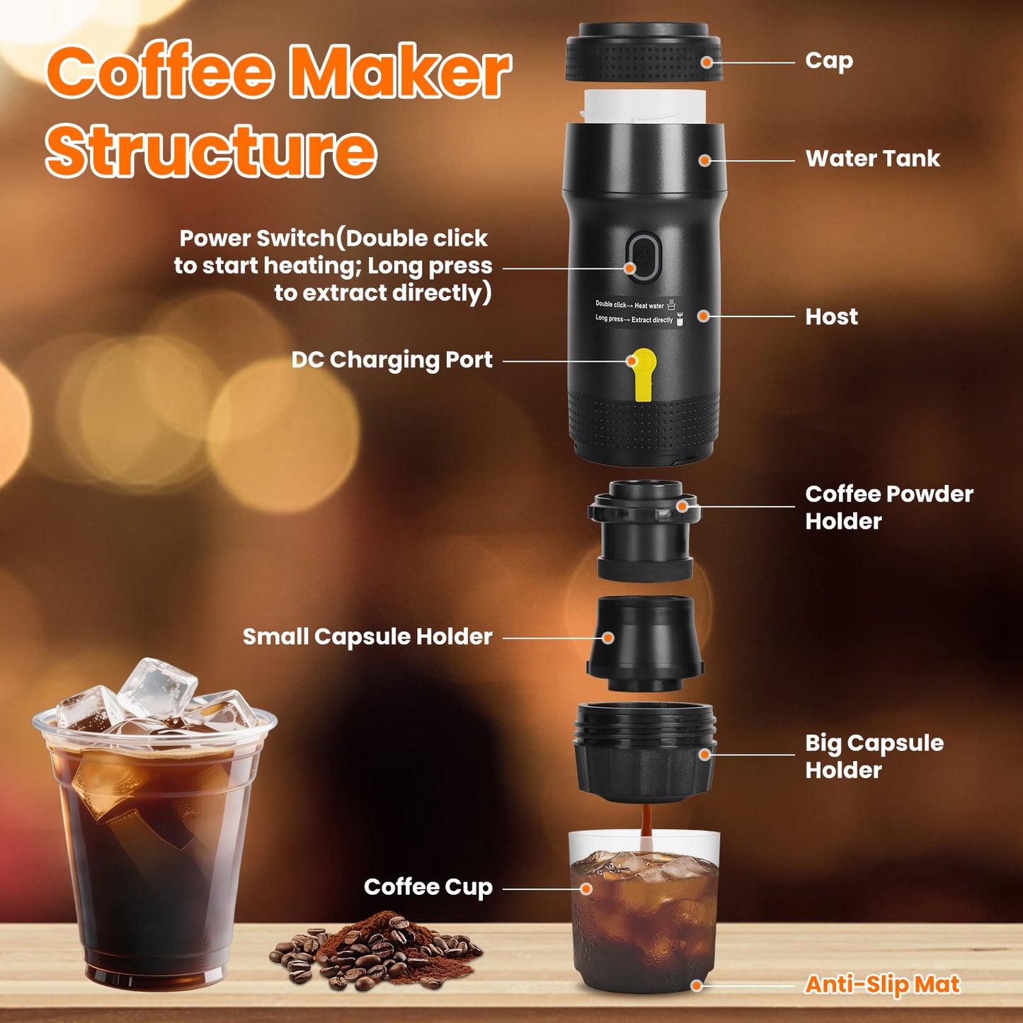 Portable Cordless Electric Espresso Coffee Maker Self-Heating