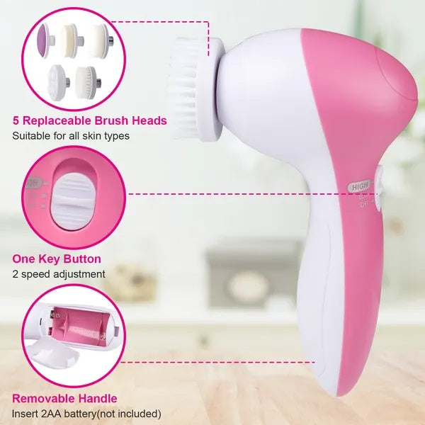 Waterproof Facial Cleansing Spin Brush with 5 Interchangeable Heads – Deep Pore Face Scrubber for Women