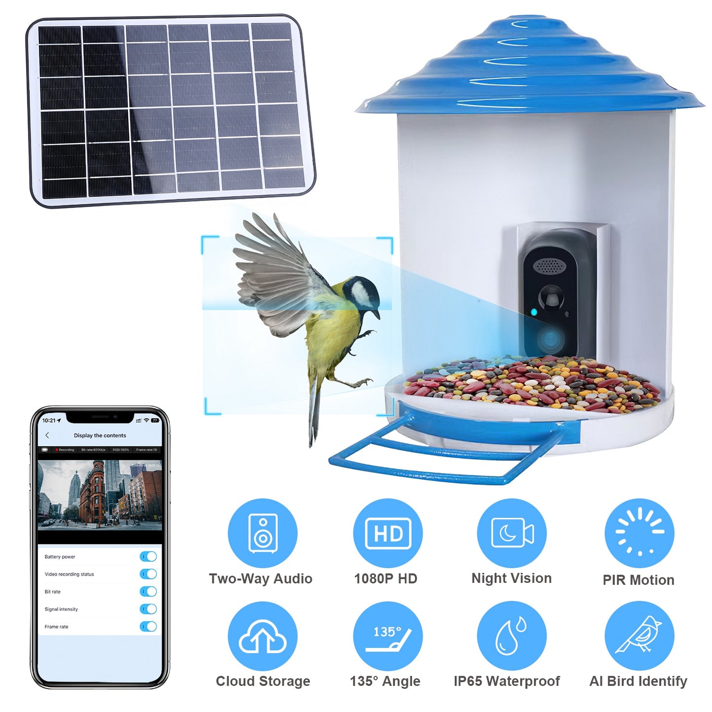Smart Solar Bird Feeder with 1080P HD AI Camera, Motion Detection, WiFi App Control, Cloud & SD Storage, IP65 Waterproof