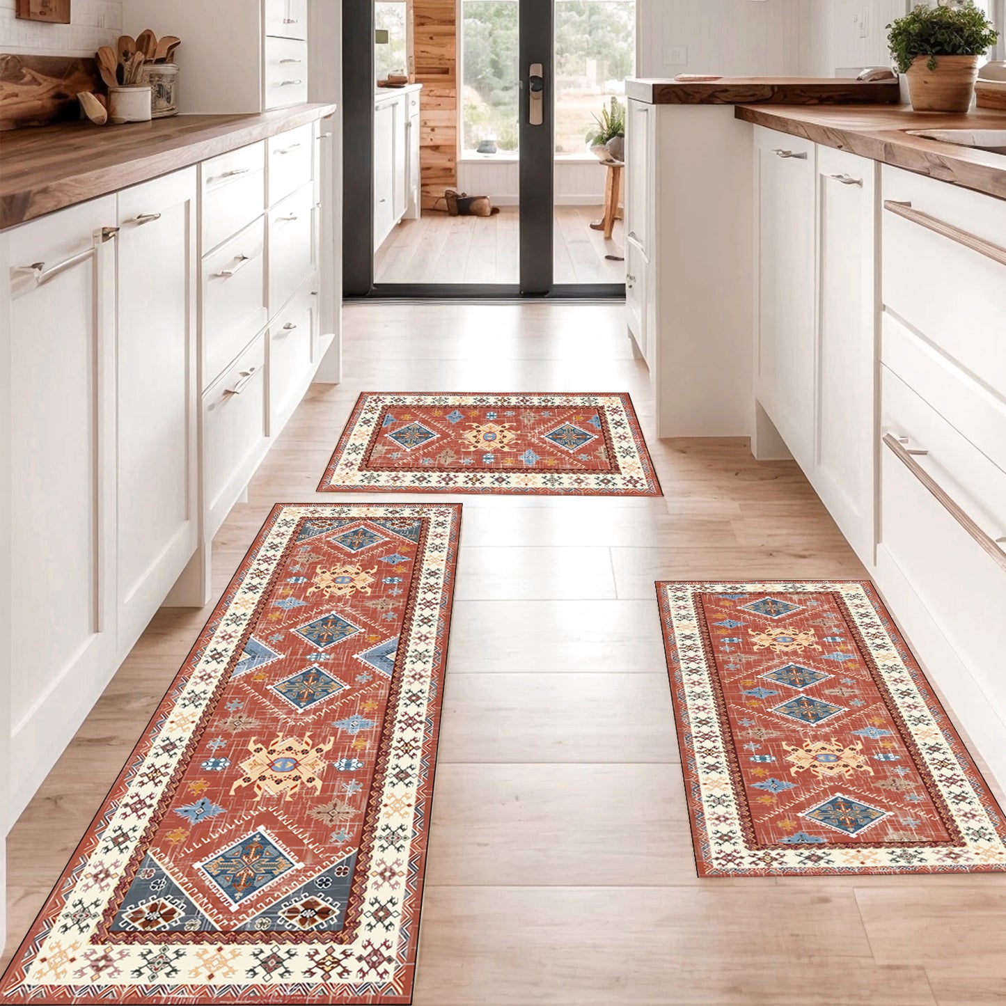 Boho 3-Piece Kitchen Rug Set – Thick Non-Slip Washable Runner Mats for Kitchen, Hallway & Laundry Room