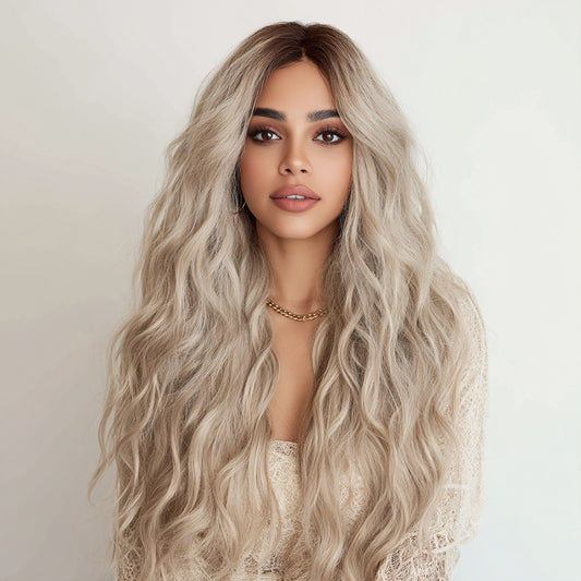 Gray Ombre Wavy Curly Lace Front Wig – European & American Style T-Shaped SM9017 for Women