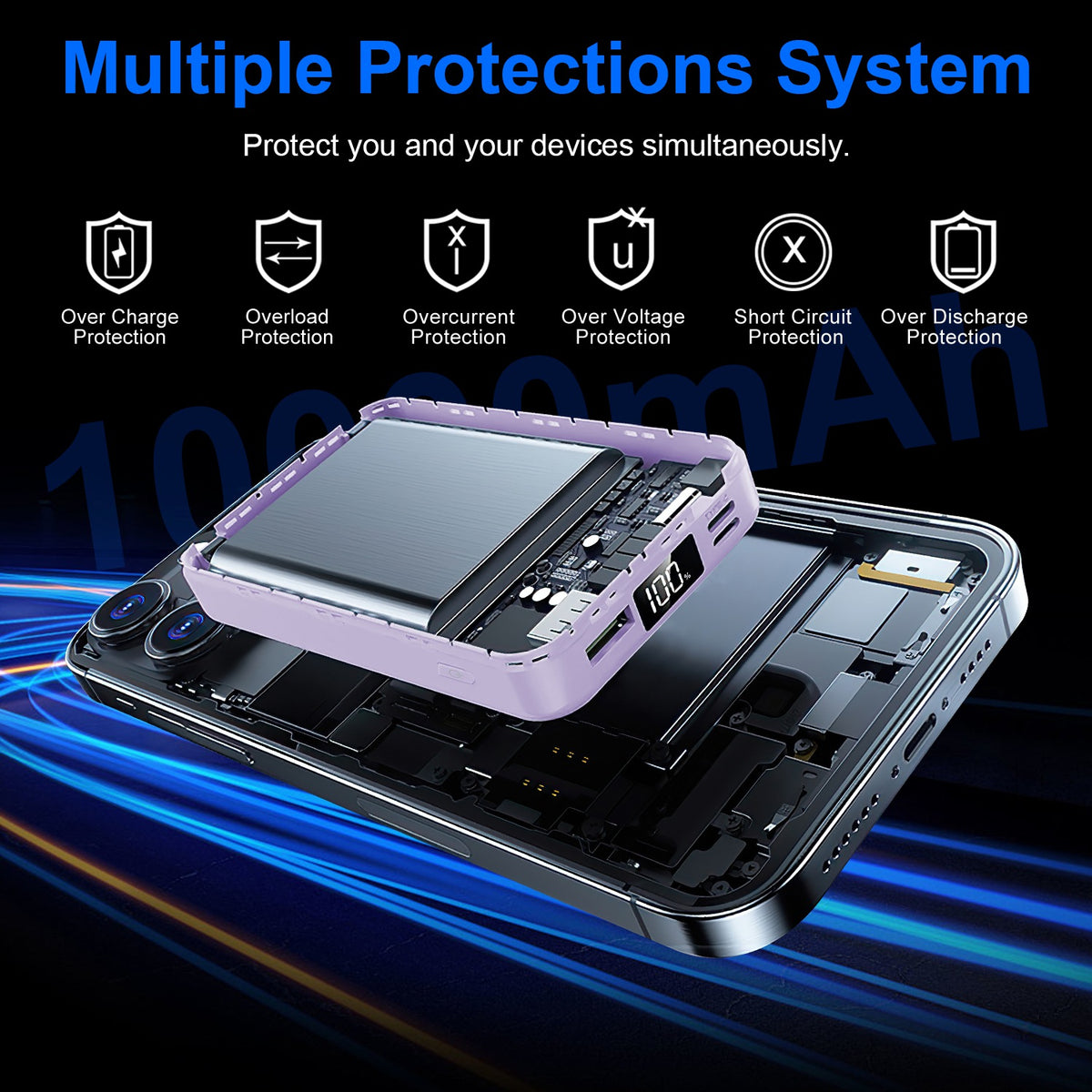 Magnetic wireless power bank with built-in cables