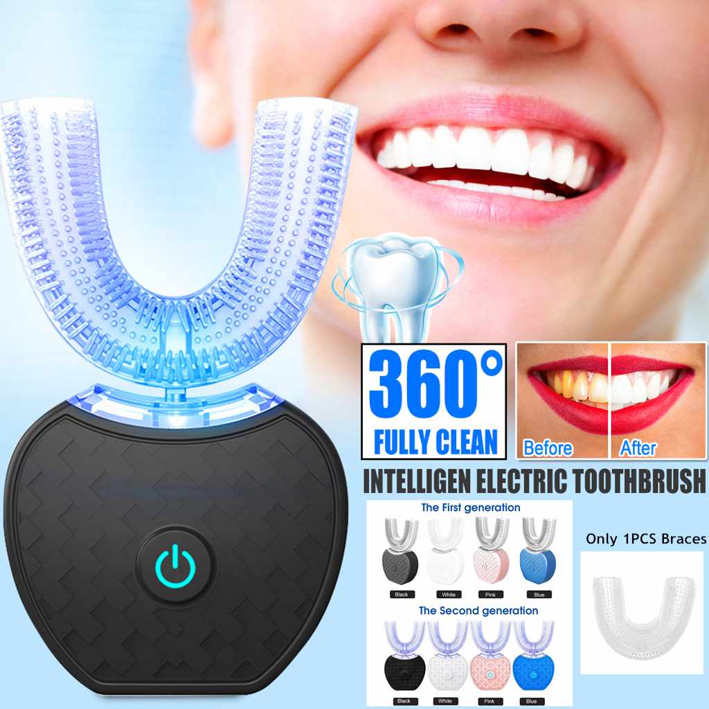 360° Intelligent Automatic Electric Toothbrush – U-Shaped Sonic Whitening Toothbrush with Blue Light & USB Charging (Waterproof)