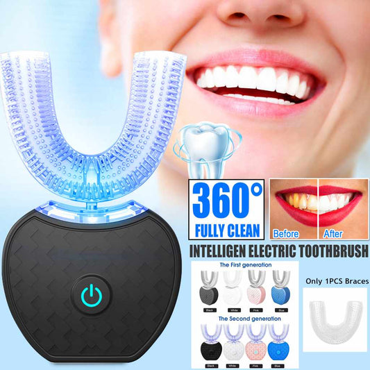 360° Intelligent Automatic Electric Toothbrush – U-Shaped Sonic Whitening Toothbrush with Blue Light & USB Charging (Waterproof)