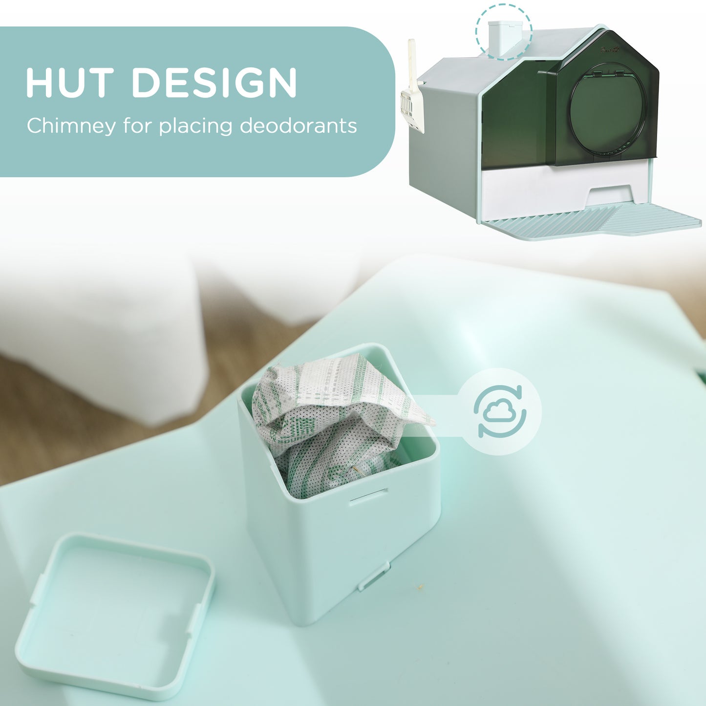 Hooded Cat Litter Box with Litter Mat – Particle Catching Design, Light Blue