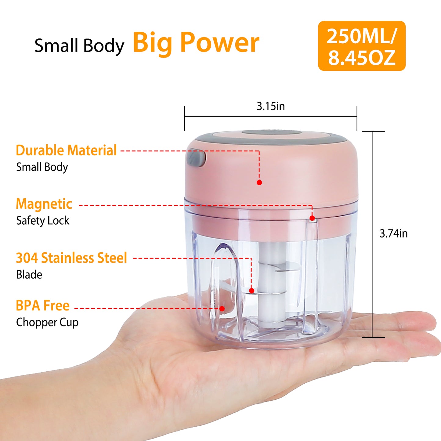 Mini Electric Garlic Chopper 8.45oz – Cordless Rechargeable Food Mincer