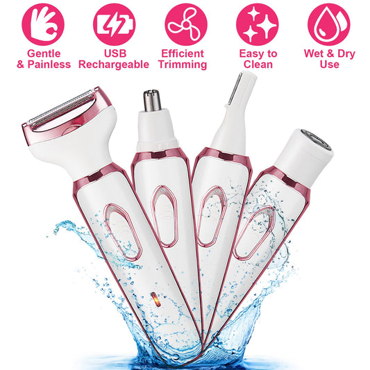 4-in-1 Women’s Electric Grooming Kit – Painless Rechargeable Trimmer for Eyebrows, Nose, Face & Bikini