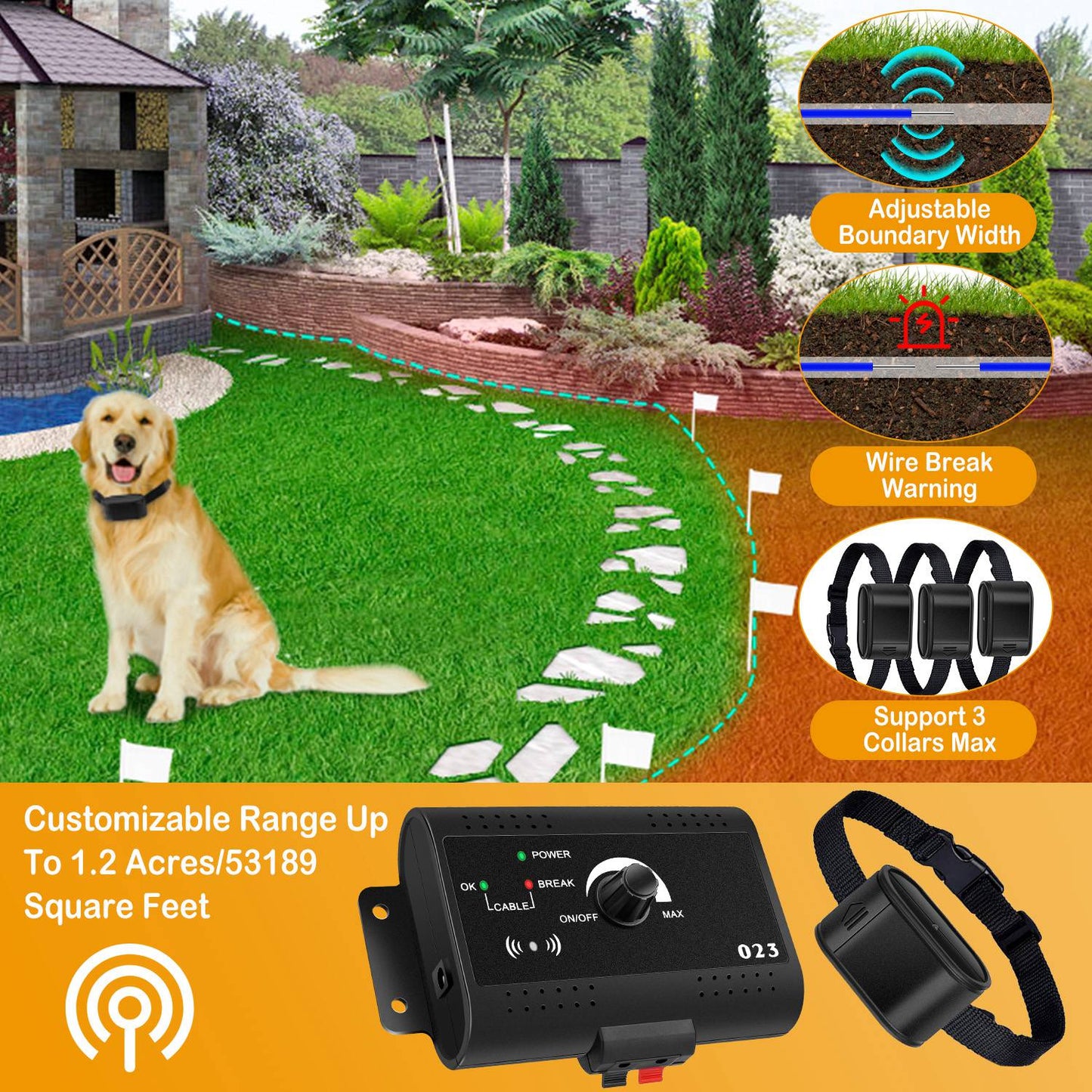 Pet Boundary Containment Kit Electric Dog Fence with Water-Resistant Receiver Collar Tone & Shock Training for All Dog Sizes