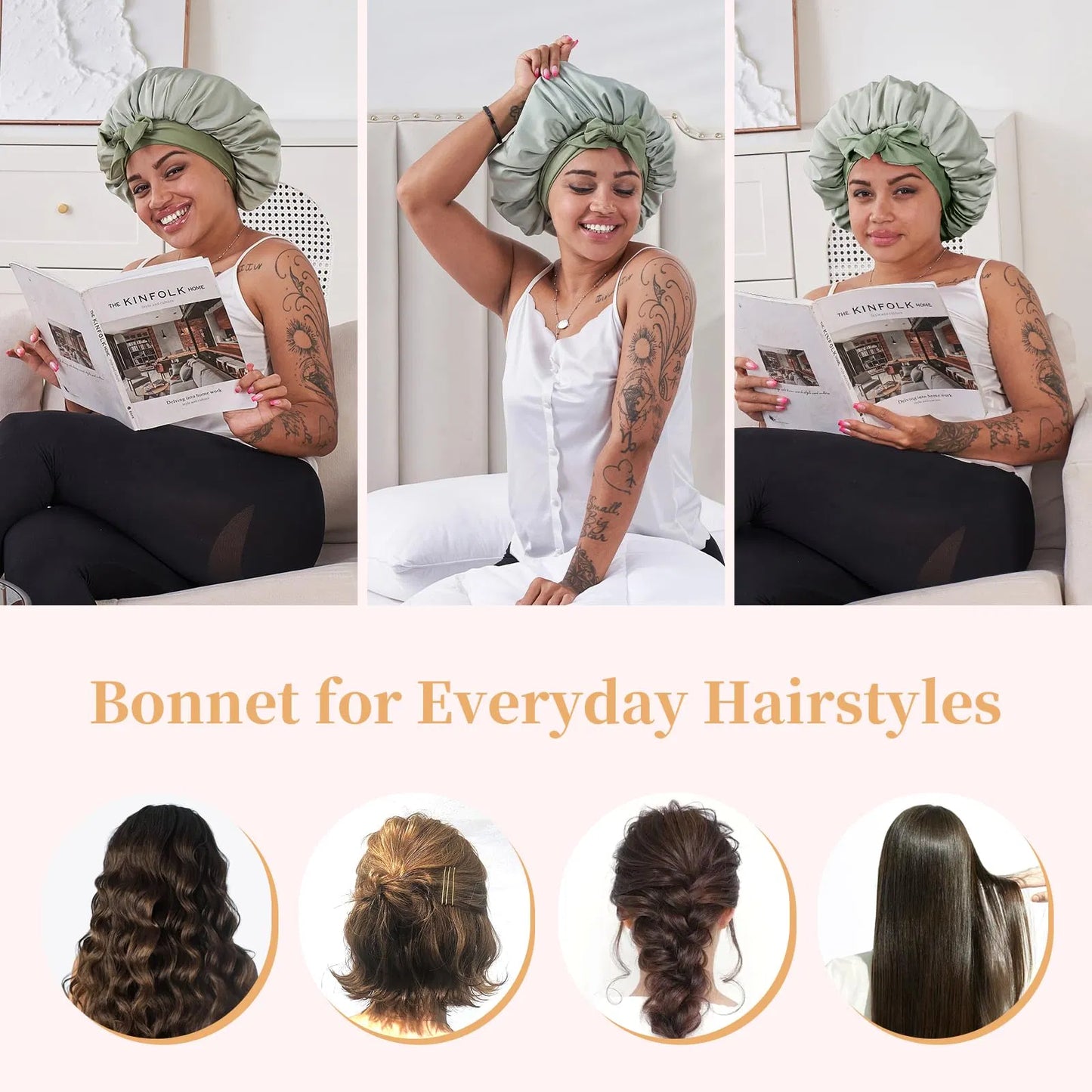 Silk Bonnet For Sleeping Women, Satin Hair Bonnet For Sleeping For Wavy Curly Natural Hair Women Men - Green