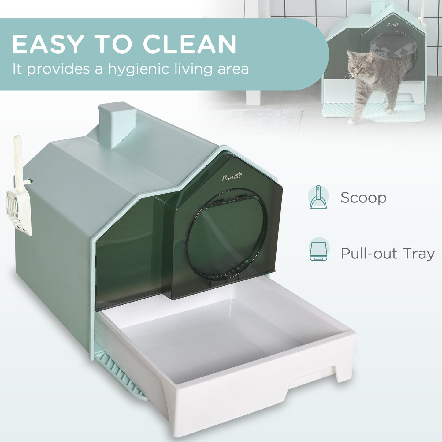 Hooded Cat Litter Box with Litter Mat – Particle Catching Design, Light Blue