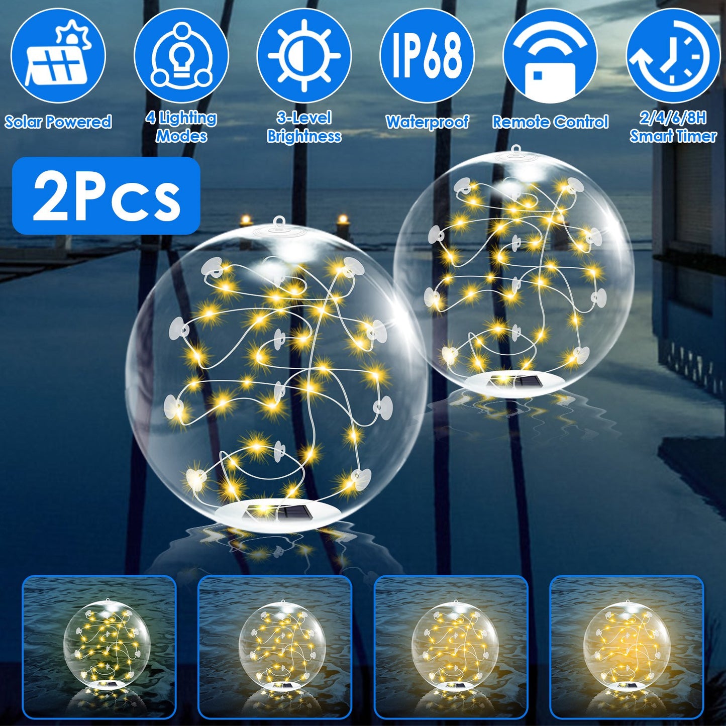 2Pcs 14in Solar Floating Pool Lights IP68 Waterproof With Remote