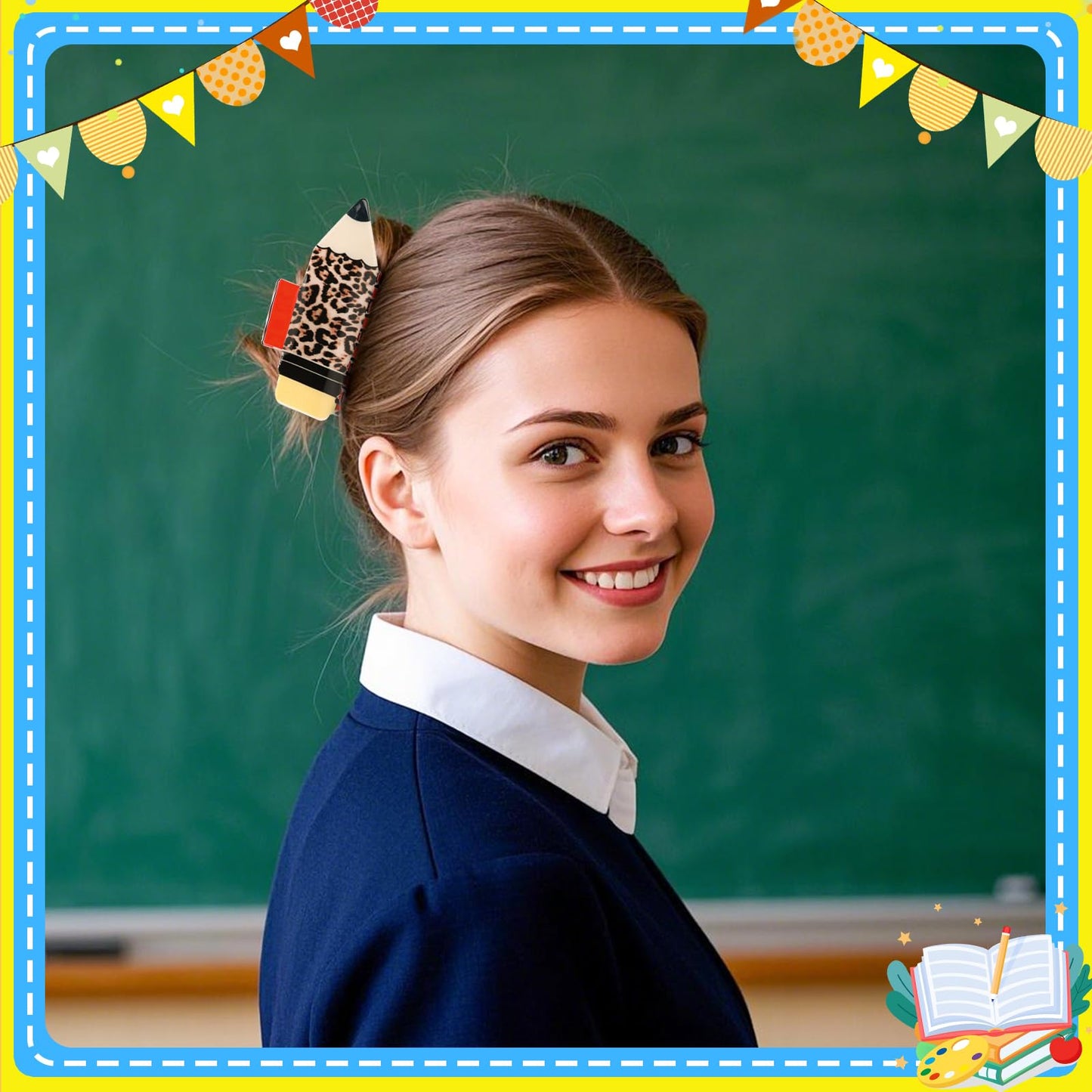 4Pcs Pencil Hair Clips – Sunflower, Leopard & Stripe Non-Slip Hairpins