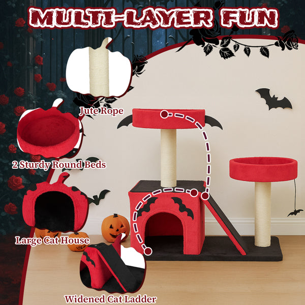 Halloween Cat Tree for Large Cats – Gothic Cat Tower with Condo, Perches, Scratching Posts & Ladder (Red & Black)