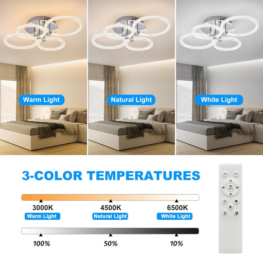 Modern LED Flush Mount Ceiling Light 6-Ring Dimmable Remote