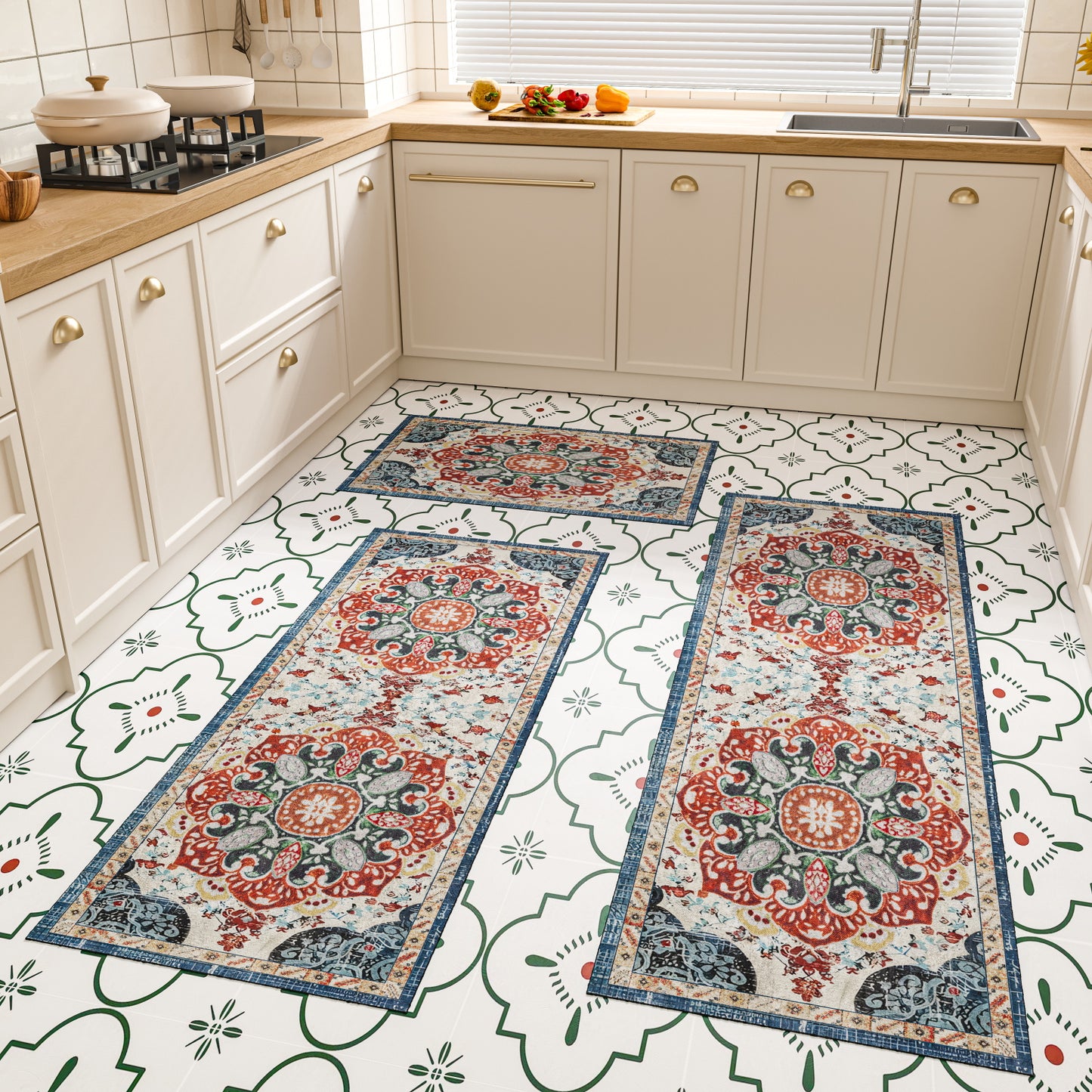 Boho 3-Piece Kitchen Rug Set – Washable Non-Slip Floor Mats with TPR Backing for Kitchen, Laundry & Hallway
