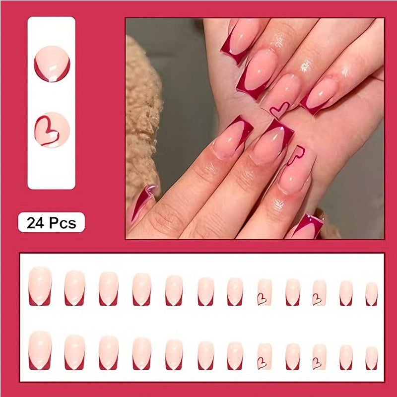 24PCS Valentine’s Day Press-On Nails – French Tip Medium Square Wine Red Heart Fake Nails, Natural Fit Gel Acrylic Glue-On Set