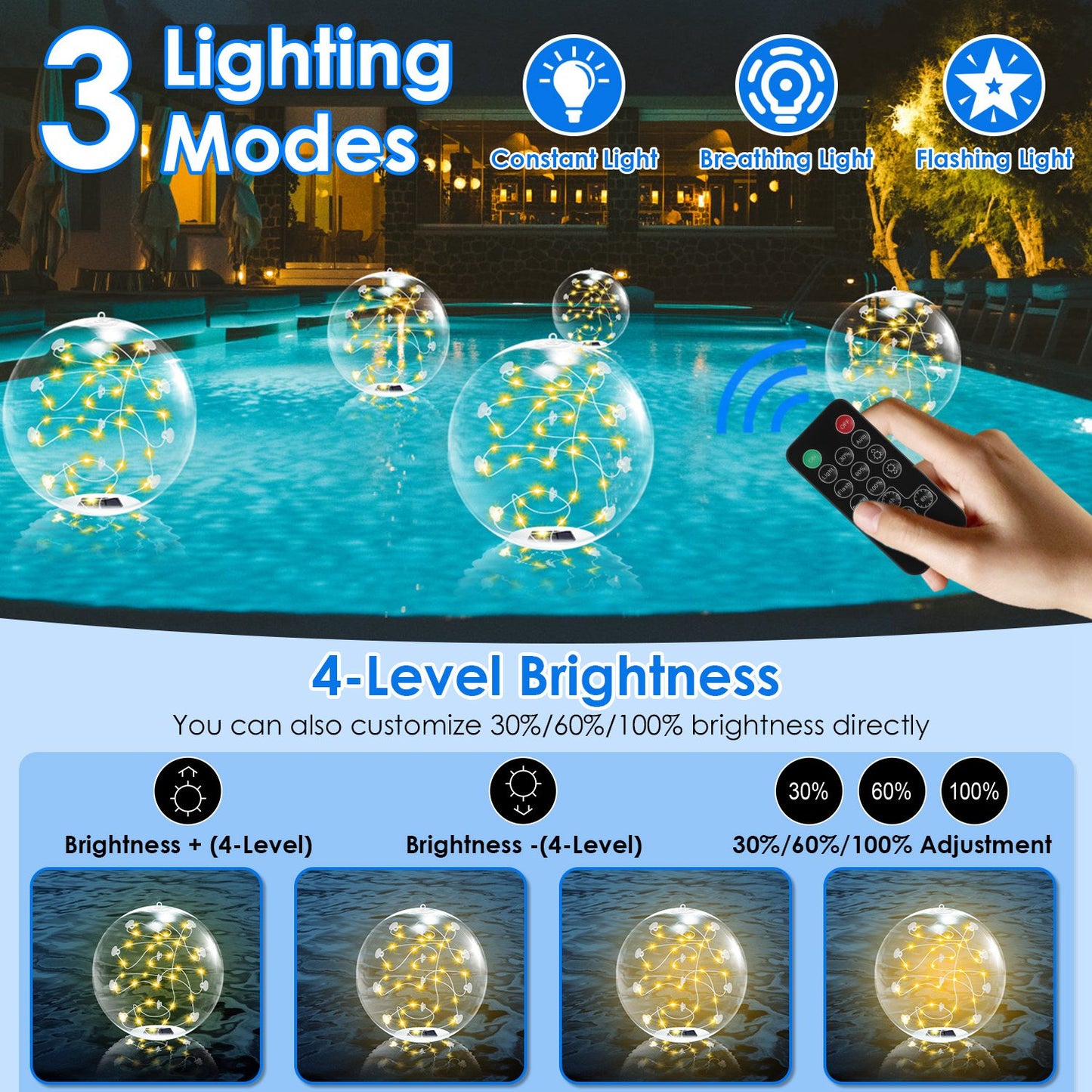 2Pcs 14in Solar Floating Pool Lights IP68 Waterproof With Remote