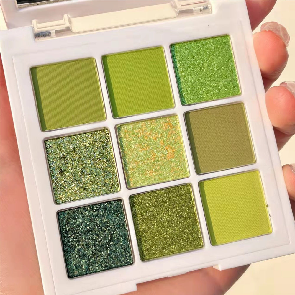 9-Color Green Eyeshadow Palette | Neutral Matte, Shimmer & Glitter Shades for Green Eyes