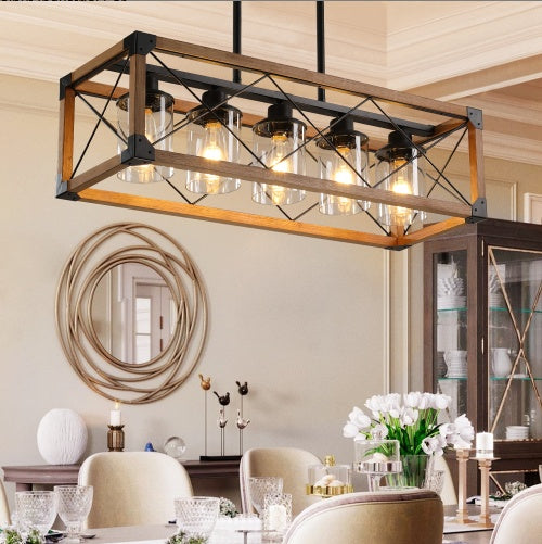 32-Inch Walnut Industrial Farmhouse 5-Light Rectangle Pendant