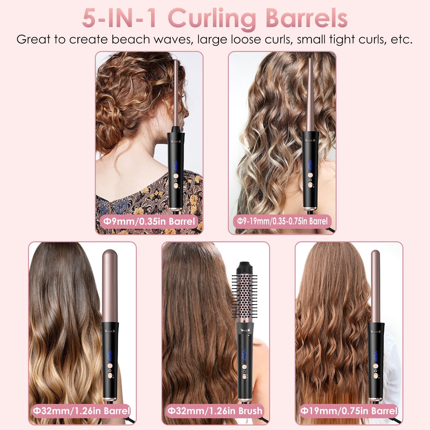 5-in-1 Curling Wand & Thermal Hair Brush – 4 Heat Levels, 360° Rotating, Anti-Tangle