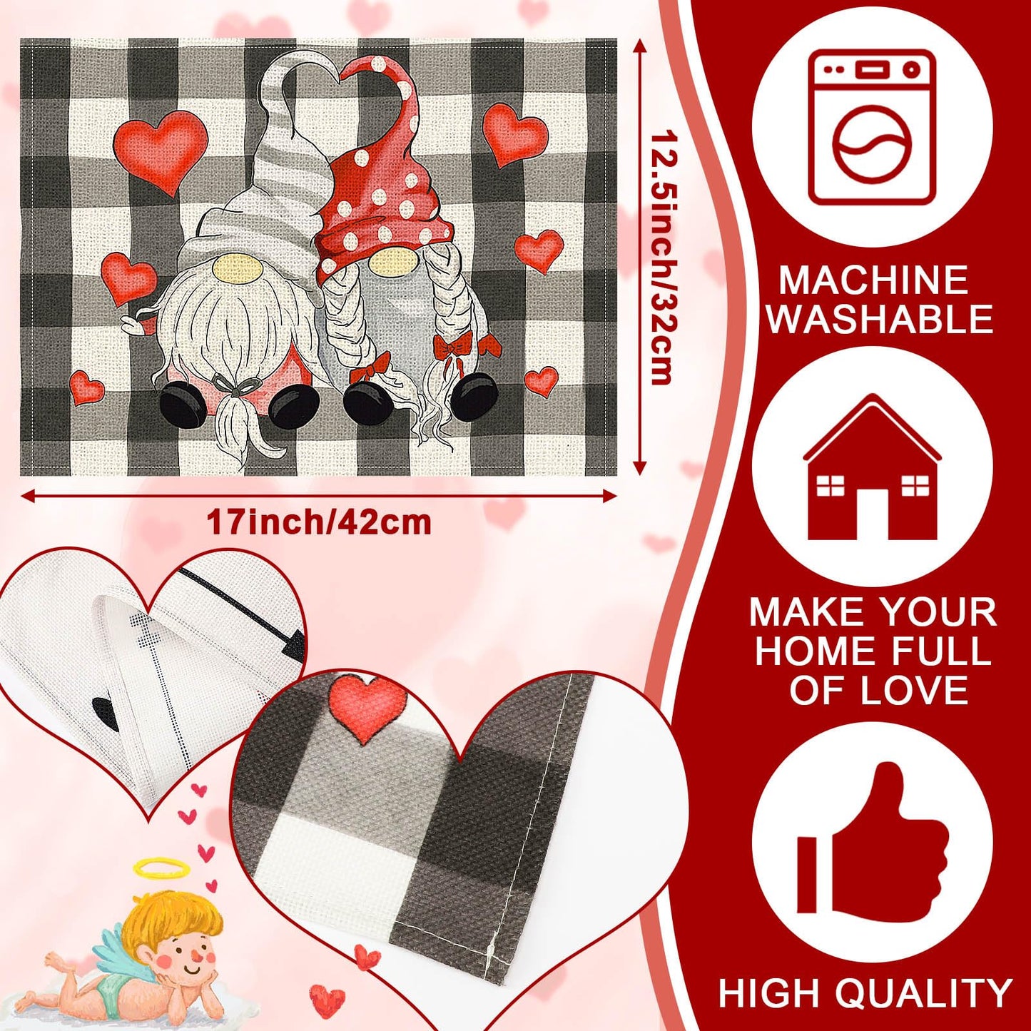 Valentine’s Day Placemats Set of 4 – Gnomes & Hearts Holiday Table Decor