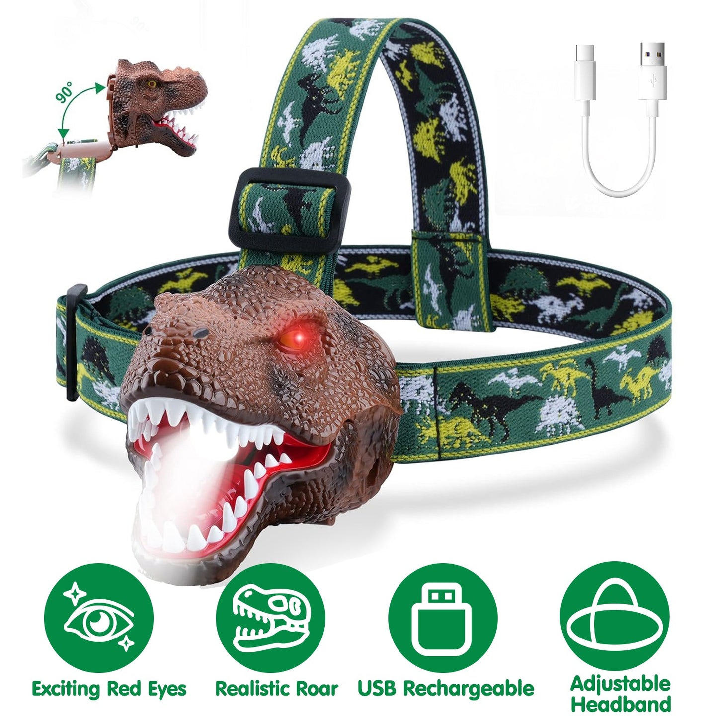 Dinosaur Kids Headlamp Flashlight with Roar Sound 4 Modes