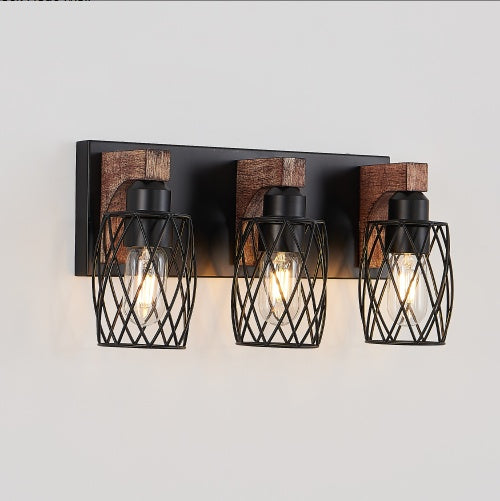 18-Inch Industrial 3-Light Wall Sconce Black Cage Wooden Accents