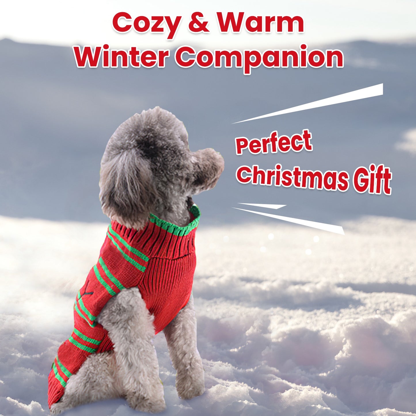 Pet Christmas Turtleneck Sweater – 2 Patterns, 4 Sizes for Dogs & Cats | Snowman & Stripes Holiday Costume