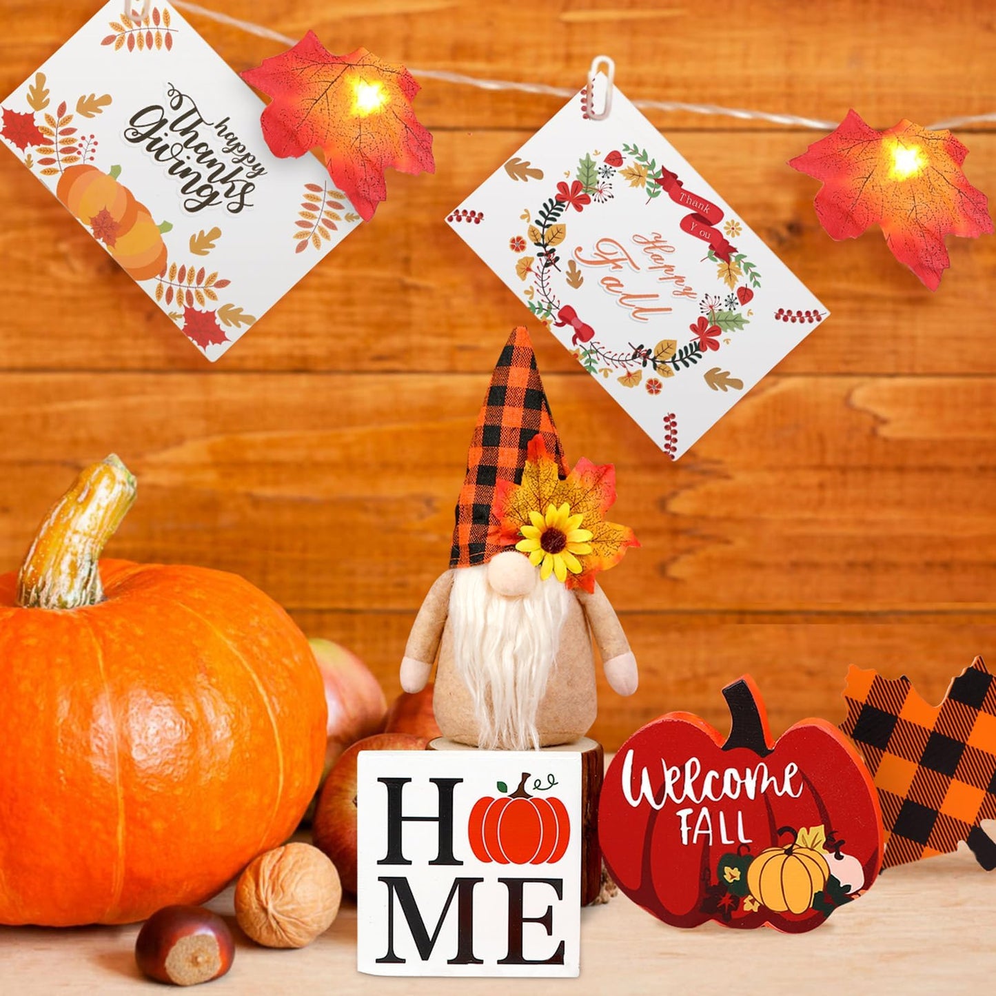 Fall Gnome Tiered Tray Set with Pumpkin & Maple Leaf Decor