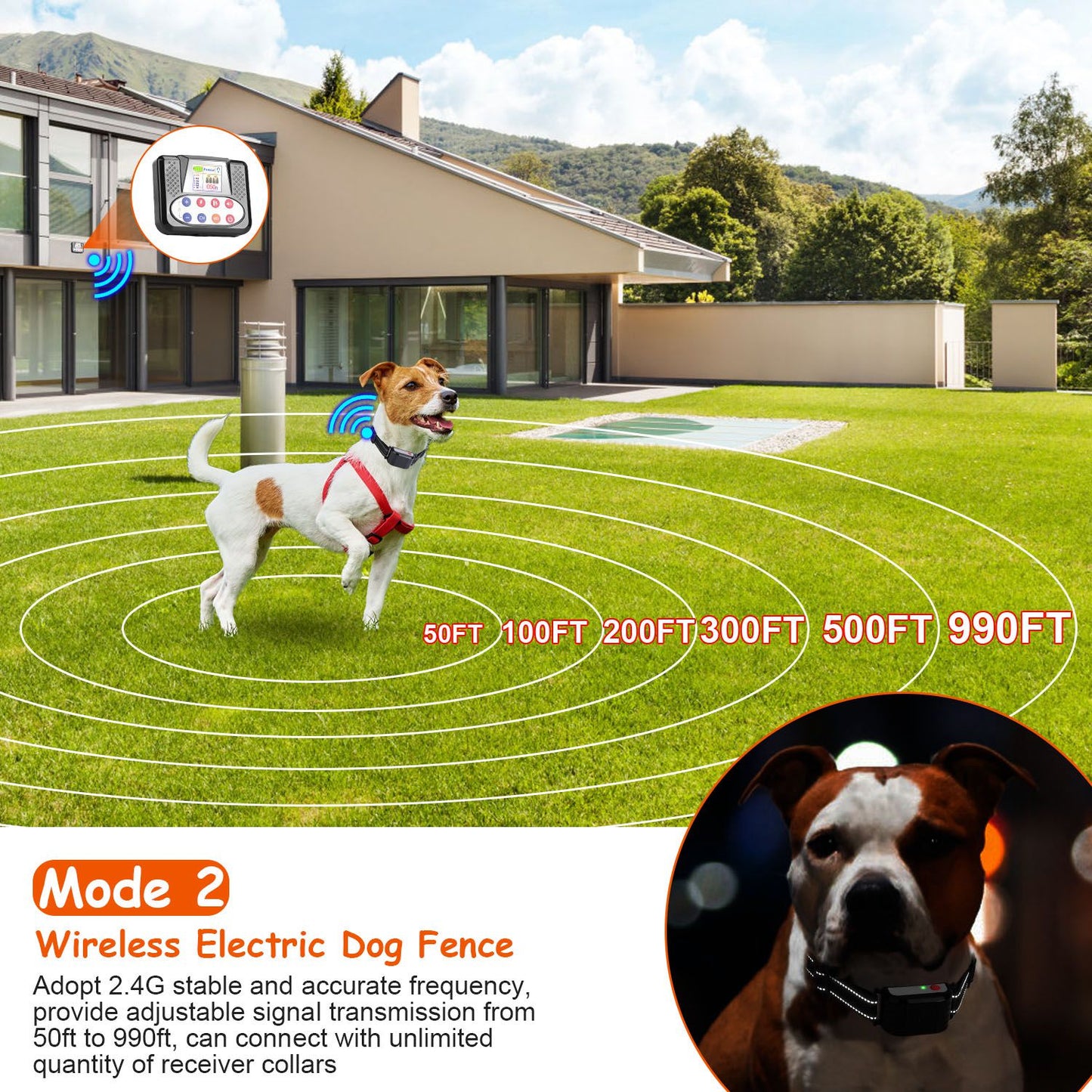 “Wireless Dog Fence Training Collar – 990FT Range, IPX6 Waterproof, Remote with Beep, Vibration & Shock Modes, 0-9 Levels, 4 Channels, Rechargeable”