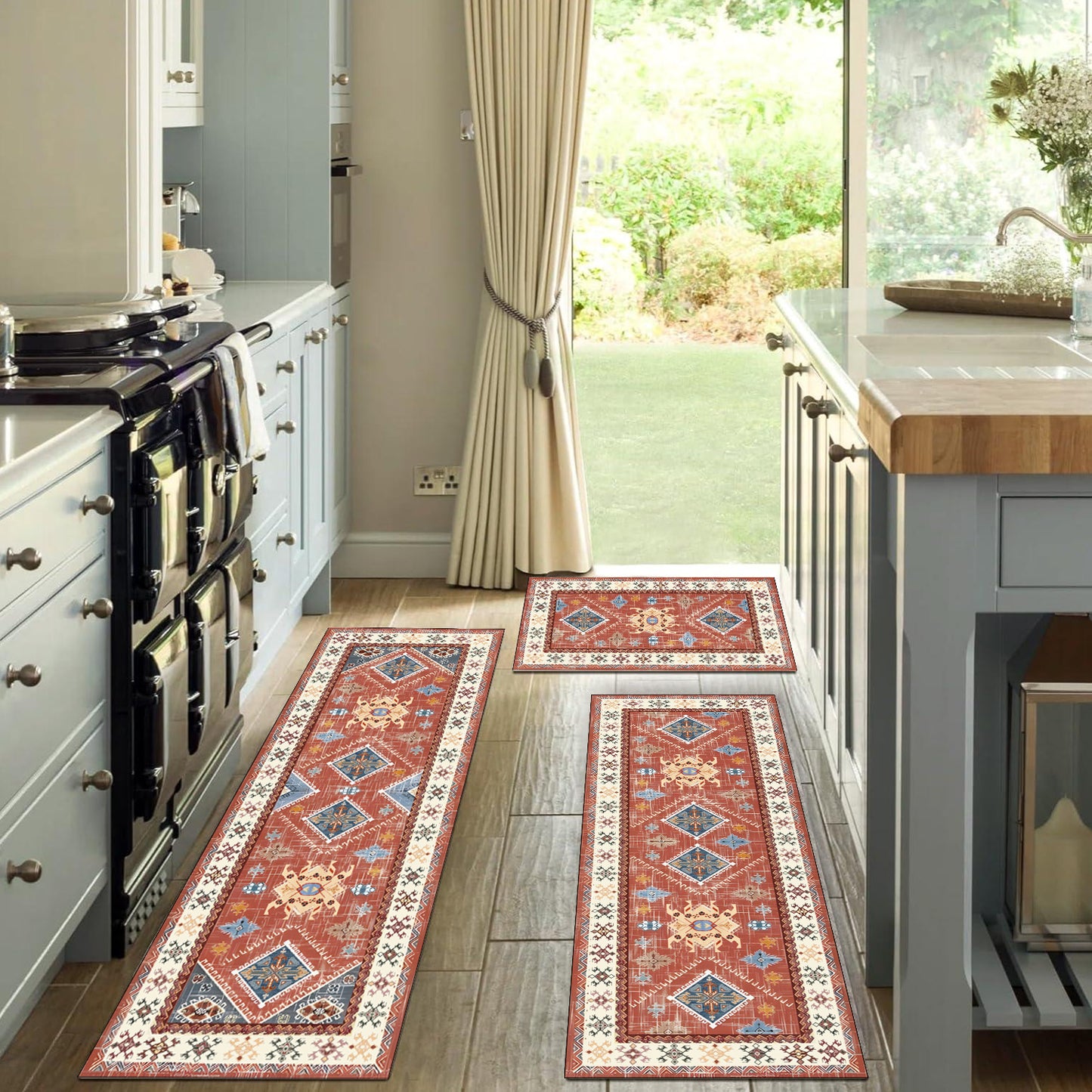 Boho 3-Piece Kitchen Rug Set – Thick Non-Slip Washable Runner Mats for Kitchen, Hallway & Laundry Room