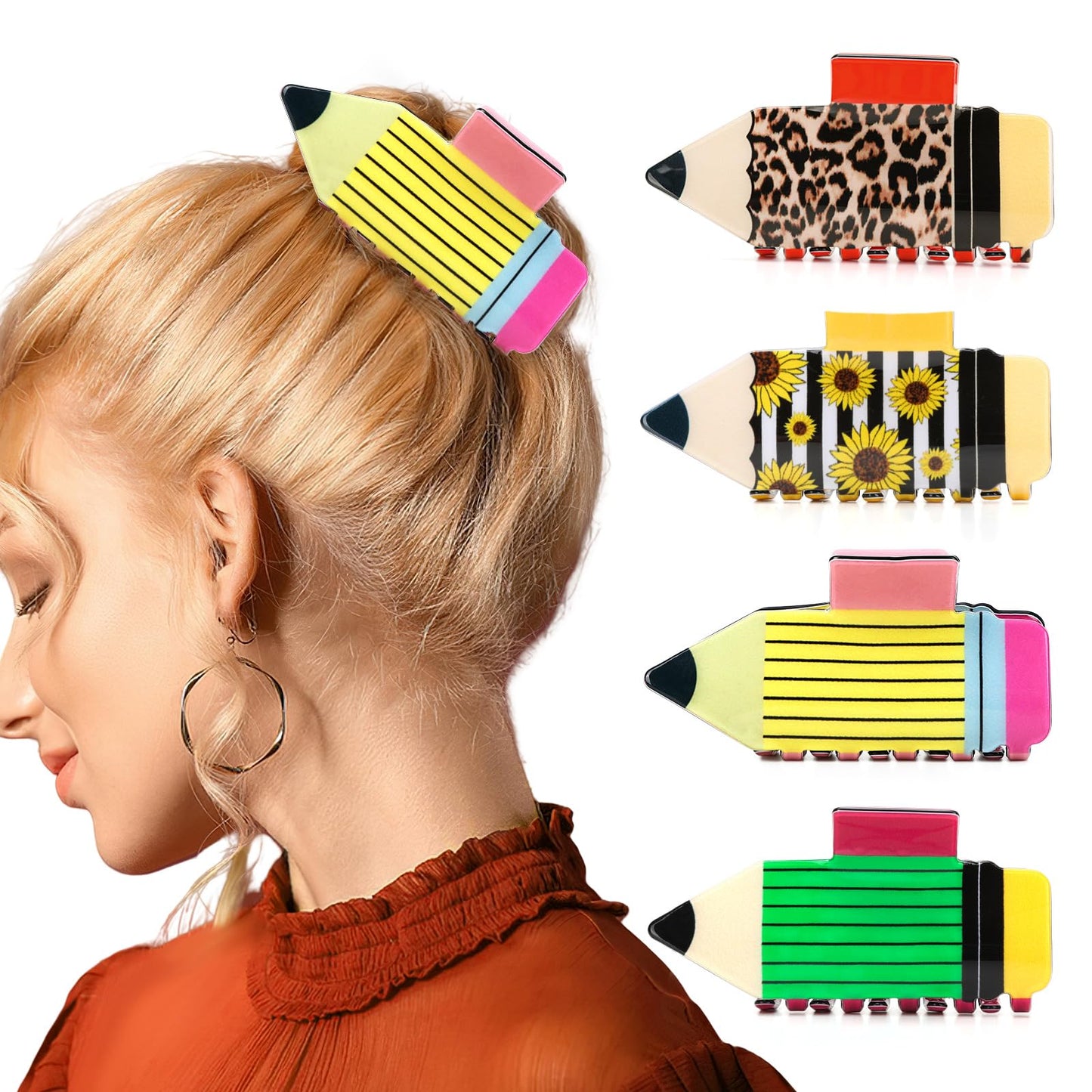 4Pcs Pencil Hair Clips – Sunflower, Leopard & Stripe Non-Slip Hairpins