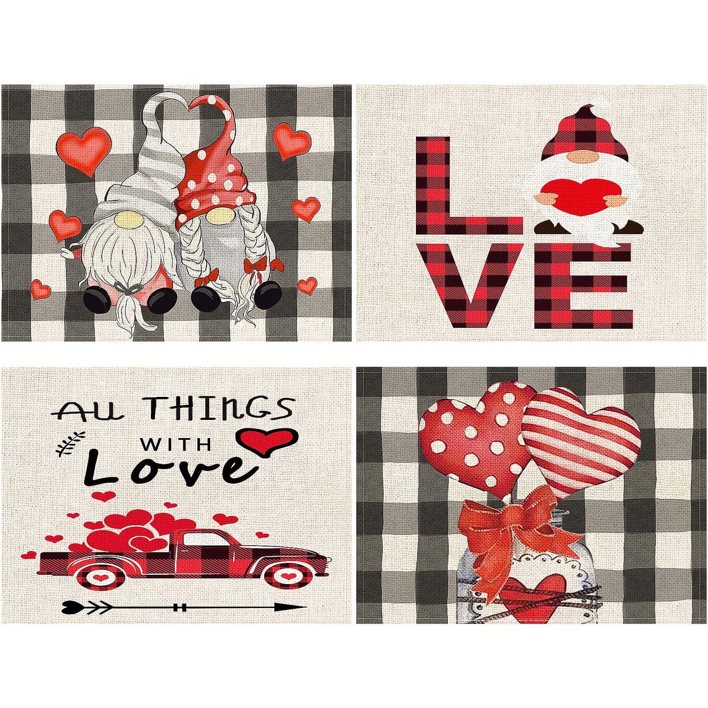 Valentine’s Day Placemats Set of 4 – Gnomes & Hearts Holiday Table Decor