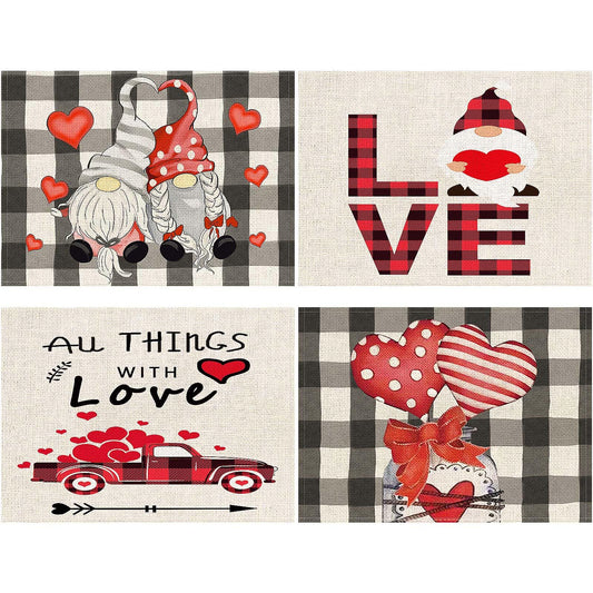 Valentine’s Day Placemats Set of 4 – Gnomes & Hearts Holiday Table Decor
