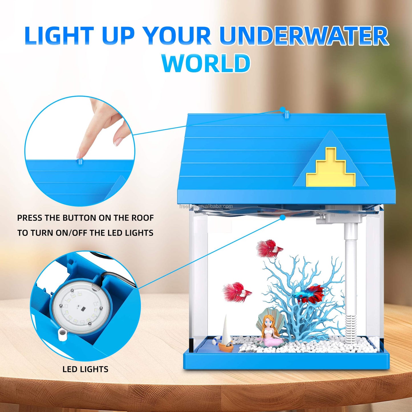.FREESEA 2-Gallon Acrylic Fish Tank with LED Light & Filter – Fresh-Keeping Aquarium for Shrimp, Jellyfish & Goldfish