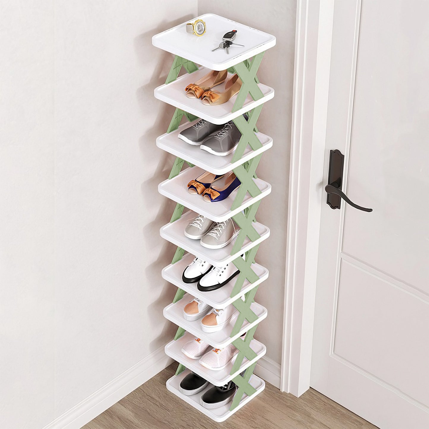 9-Tier Narrow Entryway Shoe Rack – Vertical Plastic Shoe Organizer, Space-Saving Free-Standing Shelf