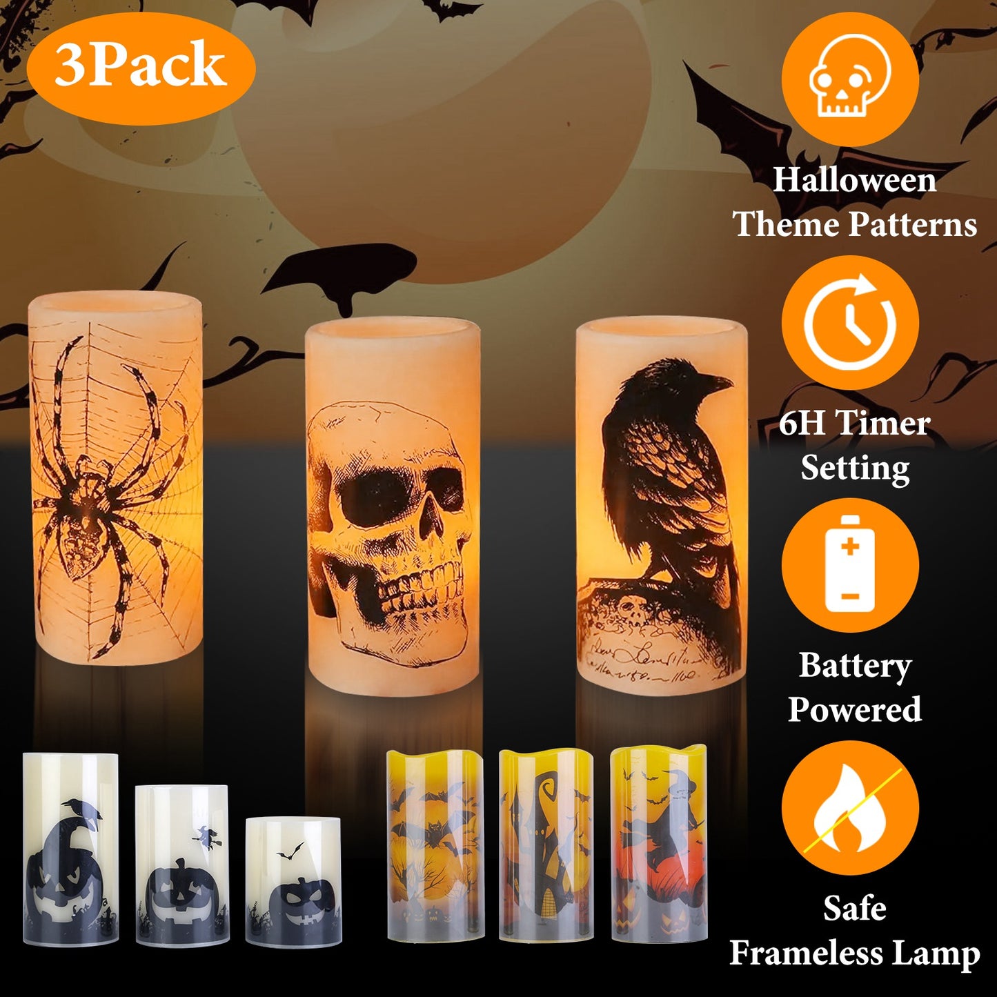 3-Pack Halloween Flameless Candles – Battery Operated Warm Orange LED with Timer