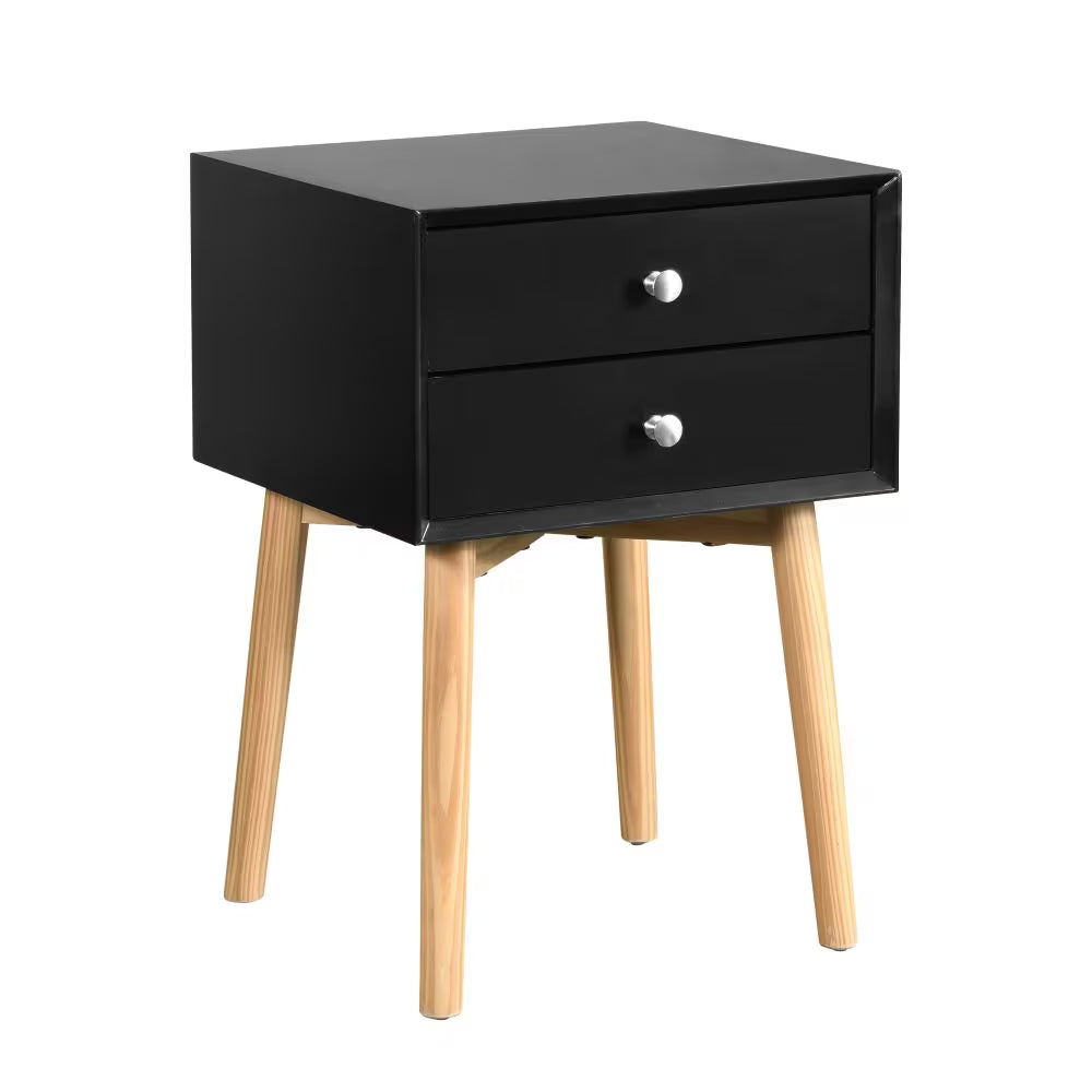 Mid-Century Modern Bedside Table With 2 Drawers, Rubber Wood Legs Nightstand Storage Cabinet