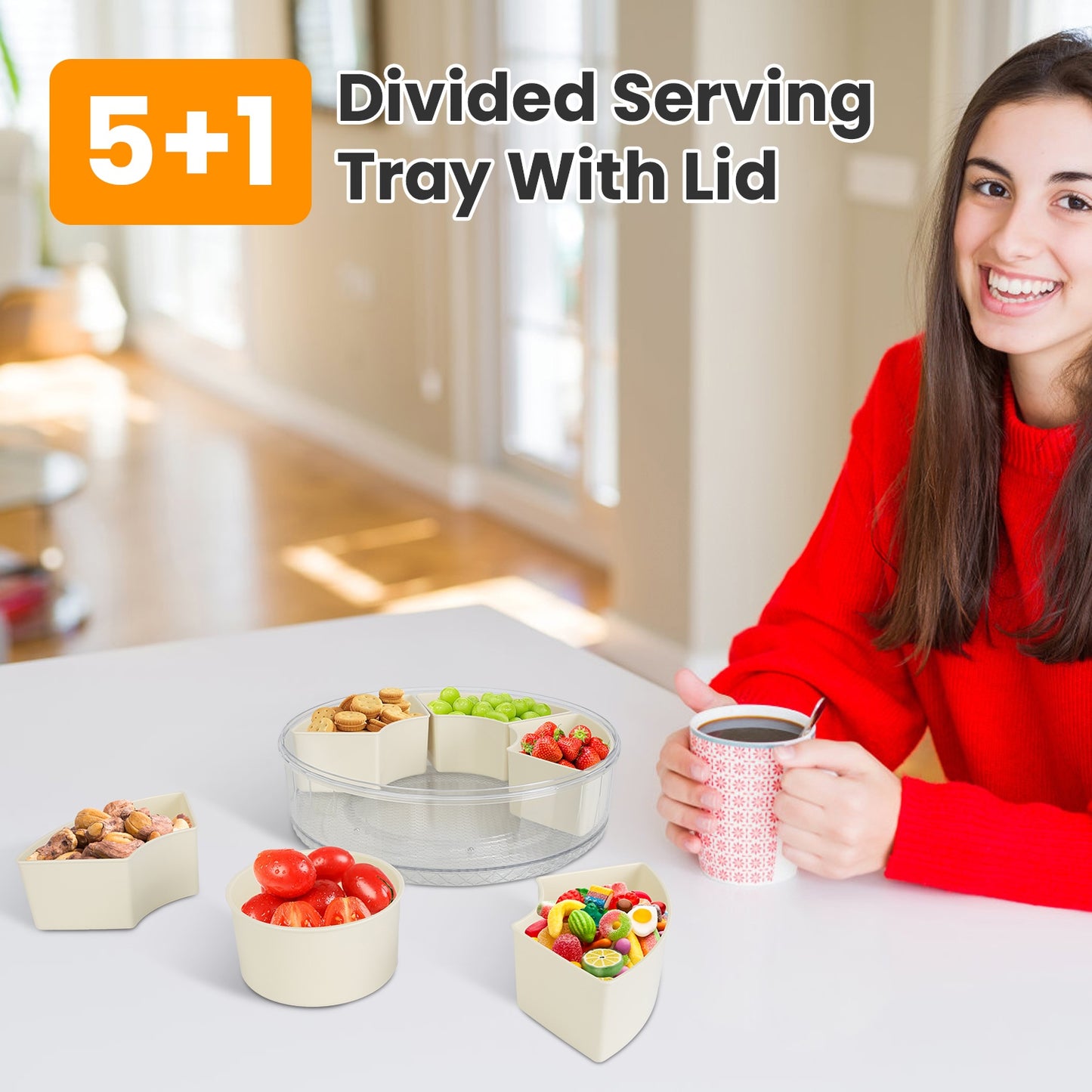 2PCS Rotating Divided Serving Tray with Lid & Handle – 6-Compartment Snack Box
