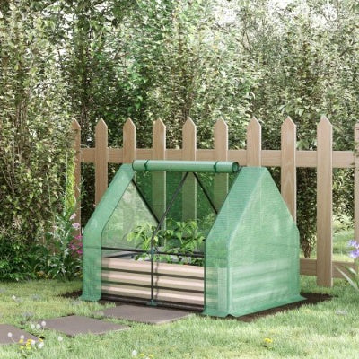 Outsunny Raised Garden Bed with Mini Greenhouse Cover, Galvanized Metal Planter Box with Roll-Up Windows, Green, 50" x 37.5"